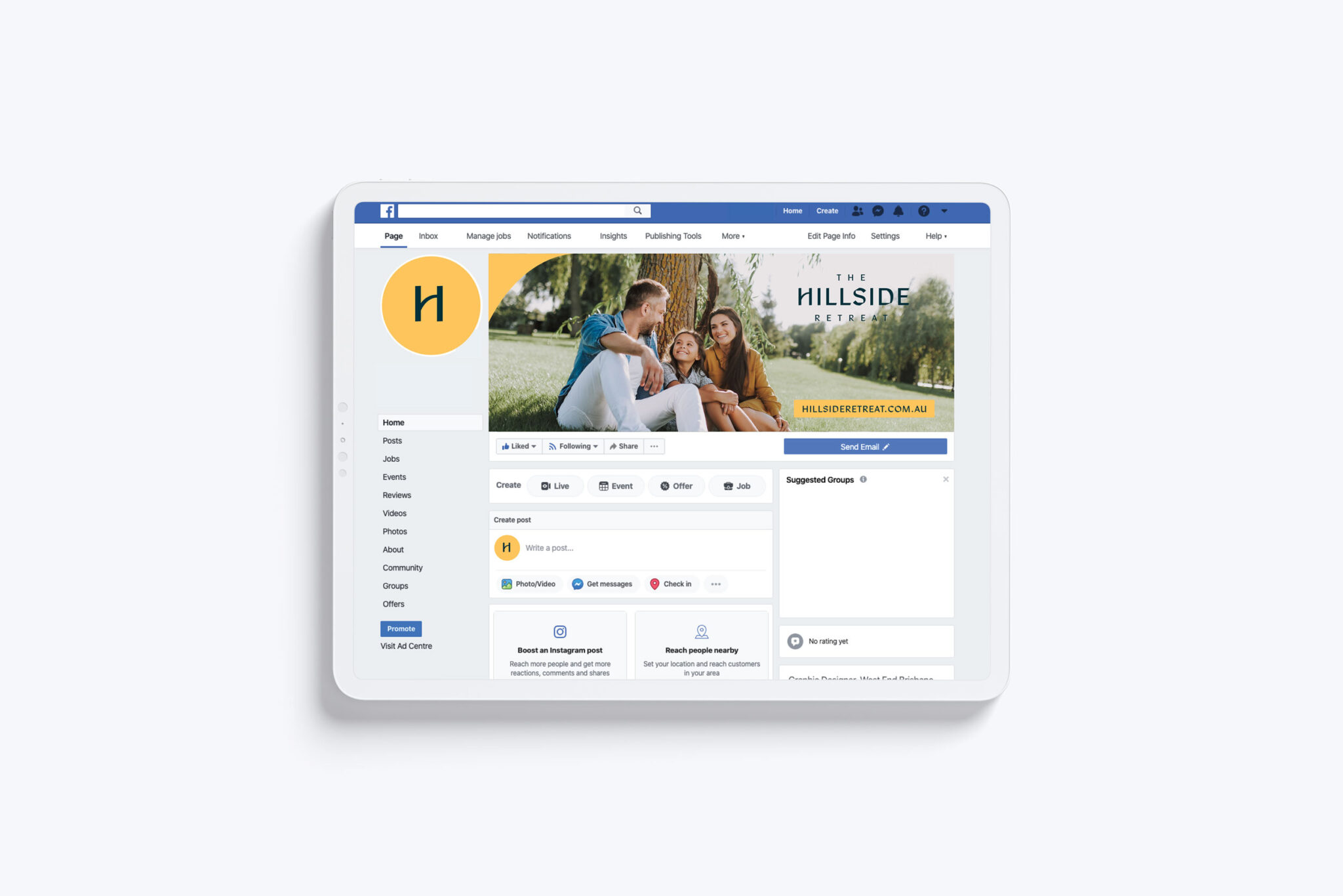 Hillside Retreat, facebook banner design of happy couple on the hills - Property Branding Sunshine Coast